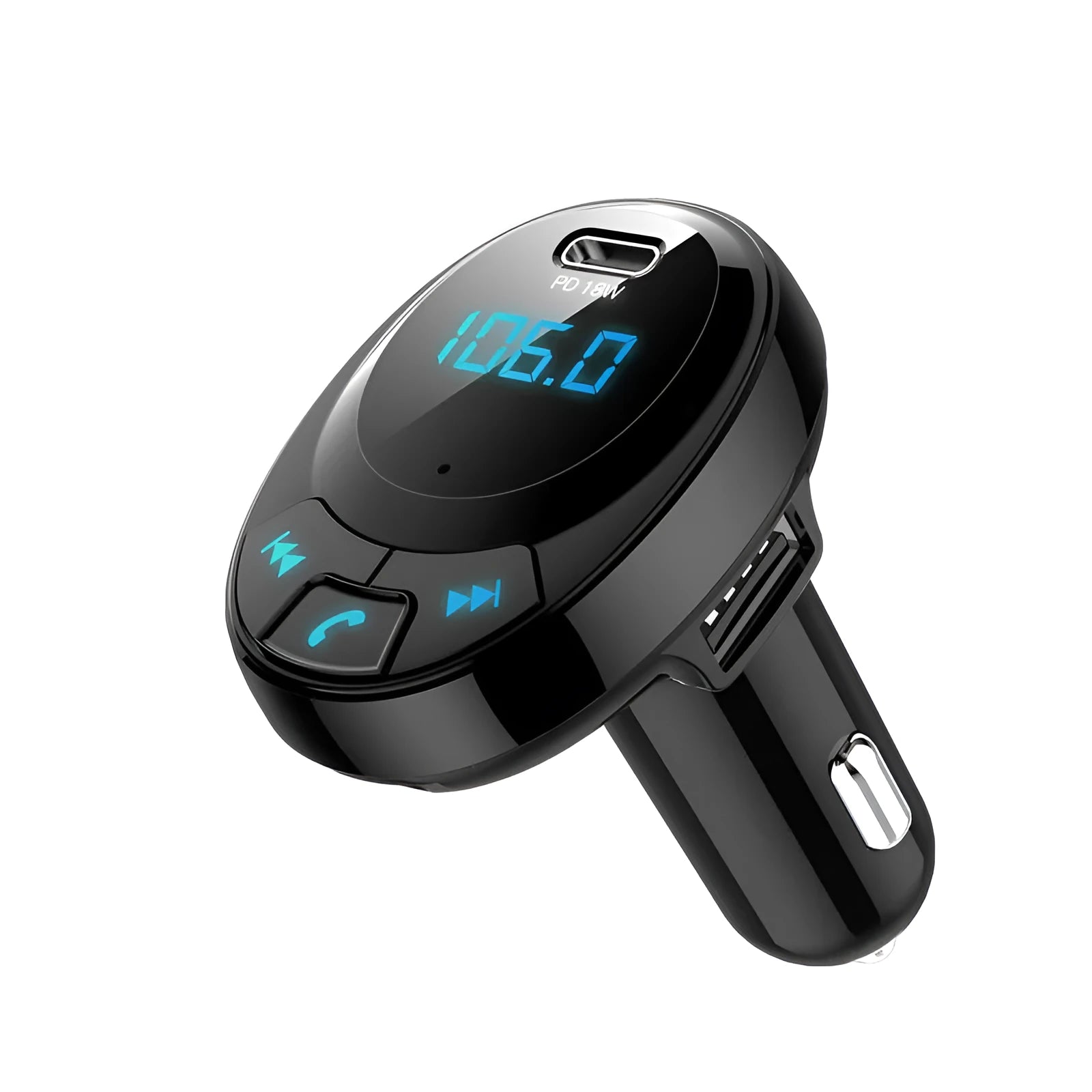 Black car MP3 charger with digital display and dual USB ports for cigarette lighter socket.
