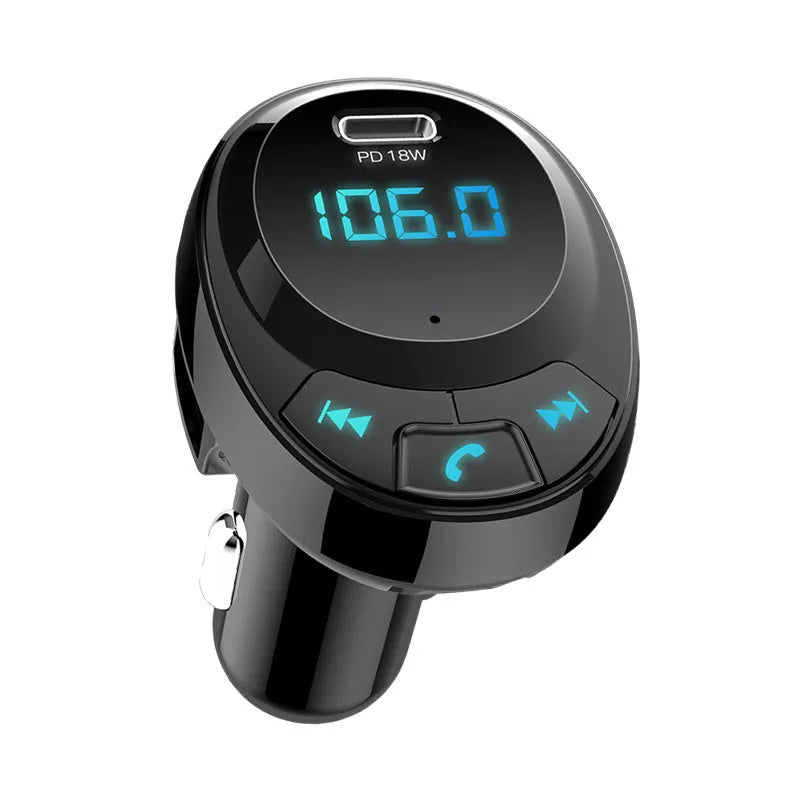 Black car MP3 charger with digital display and dual USB ports for cigarette lighter socket.