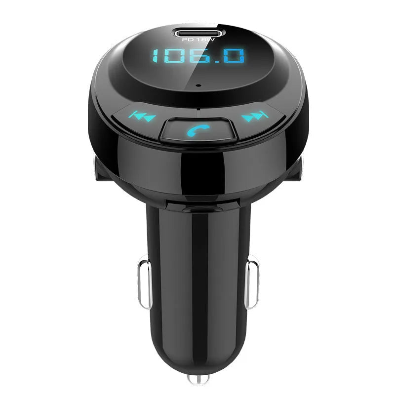 Black car MP3 charger with digital display and dual USB ports for cigarette lighter socket.
