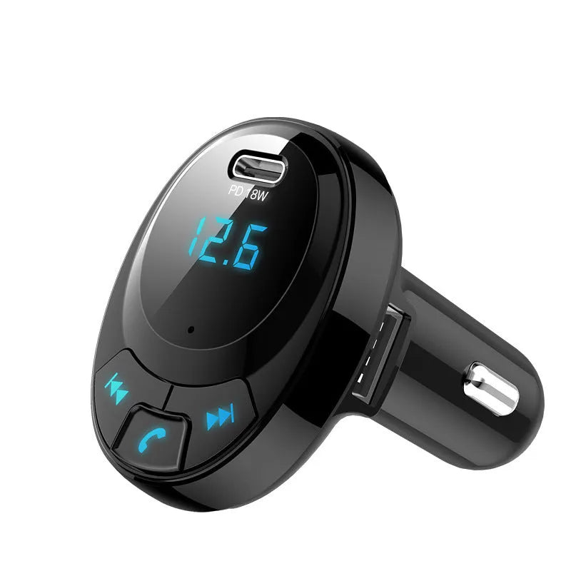 Black car MP3 charger with digital display and dual USB ports for cigarette lighter socket.