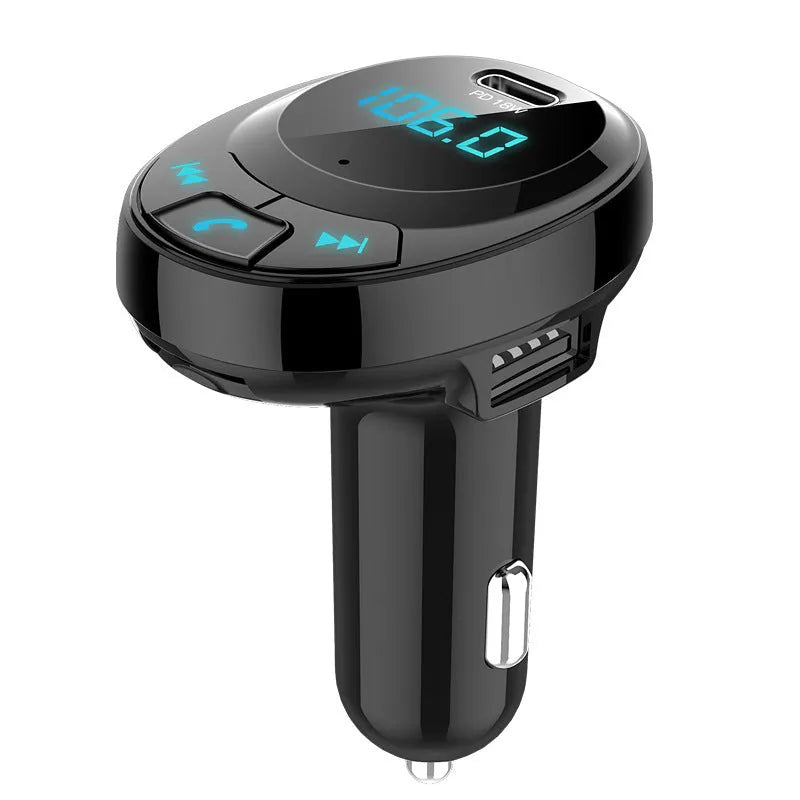 Black car MP3 charger with digital display and dual USB ports for cigarette lighter socket.