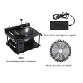 Black miniature precision table saw with 110mm blade on sliding table