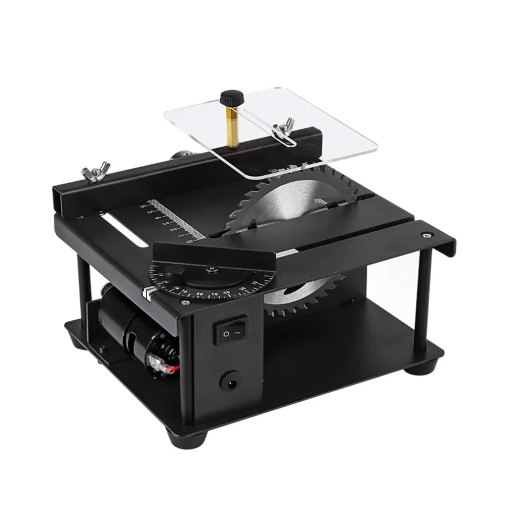 Black miniature precision table saw with 110mm blade on sliding table