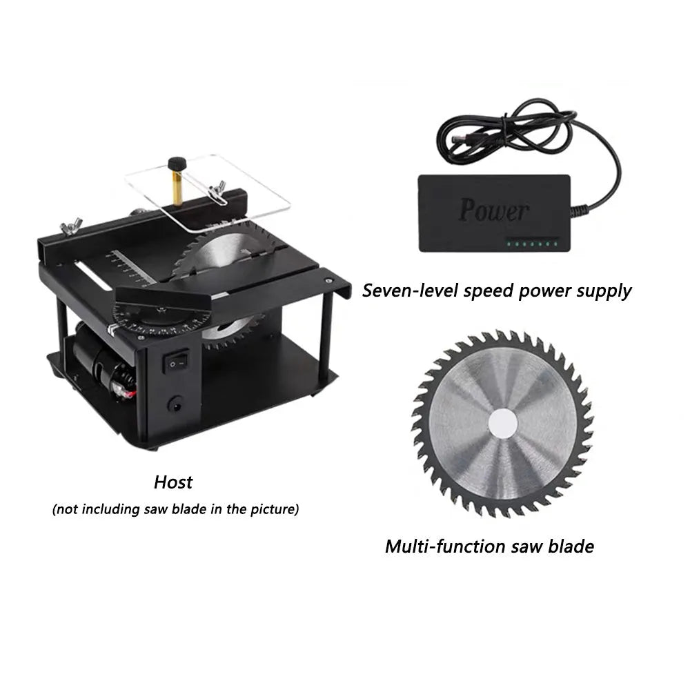 Black miniature precision table saw with 110mm blade on sliding table