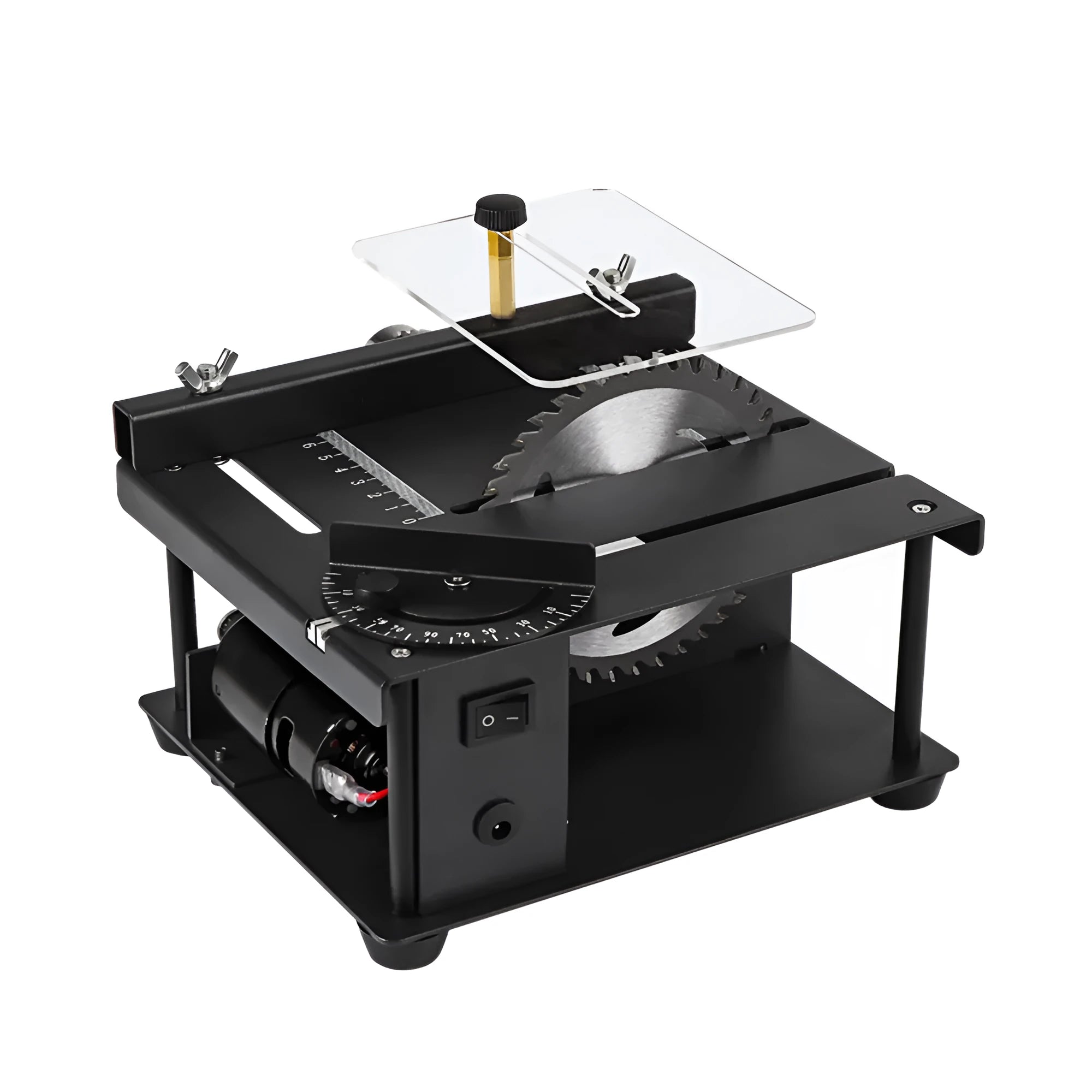 Black miniature precision table saw with 110mm blade on sliding table