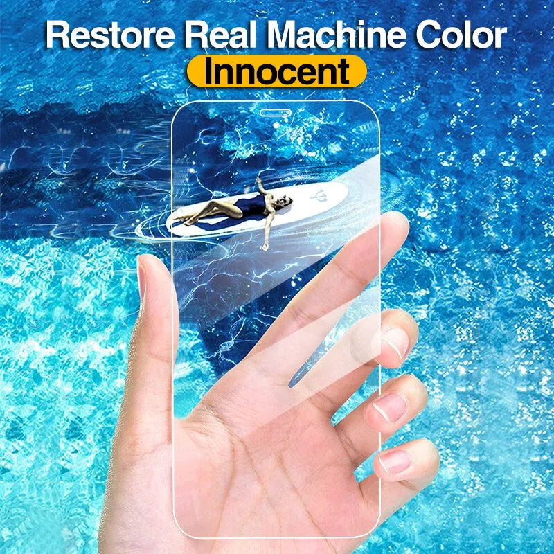 Four-pack of clear tempered glass screen protectors for iPhone with anti-blue light feature on a white background.