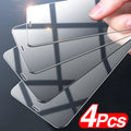 Four-pack of clear tempered glass screen protectors for iPhone with anti-blue light feature on a white background.