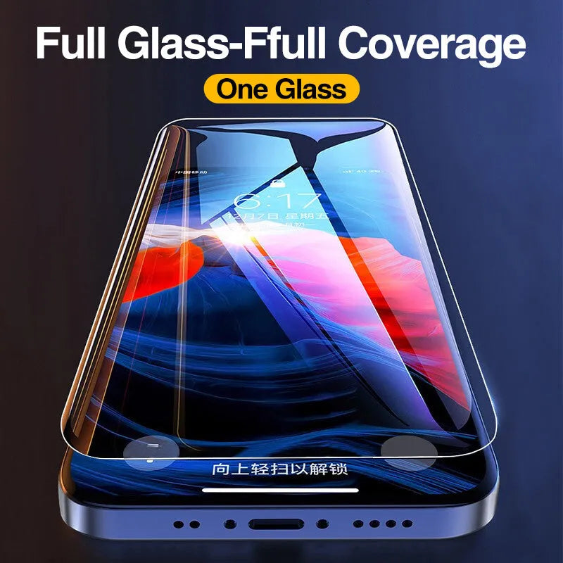 Four-pack of clear tempered glass screen protectors for iPhone with anti-blue light feature on a white background.