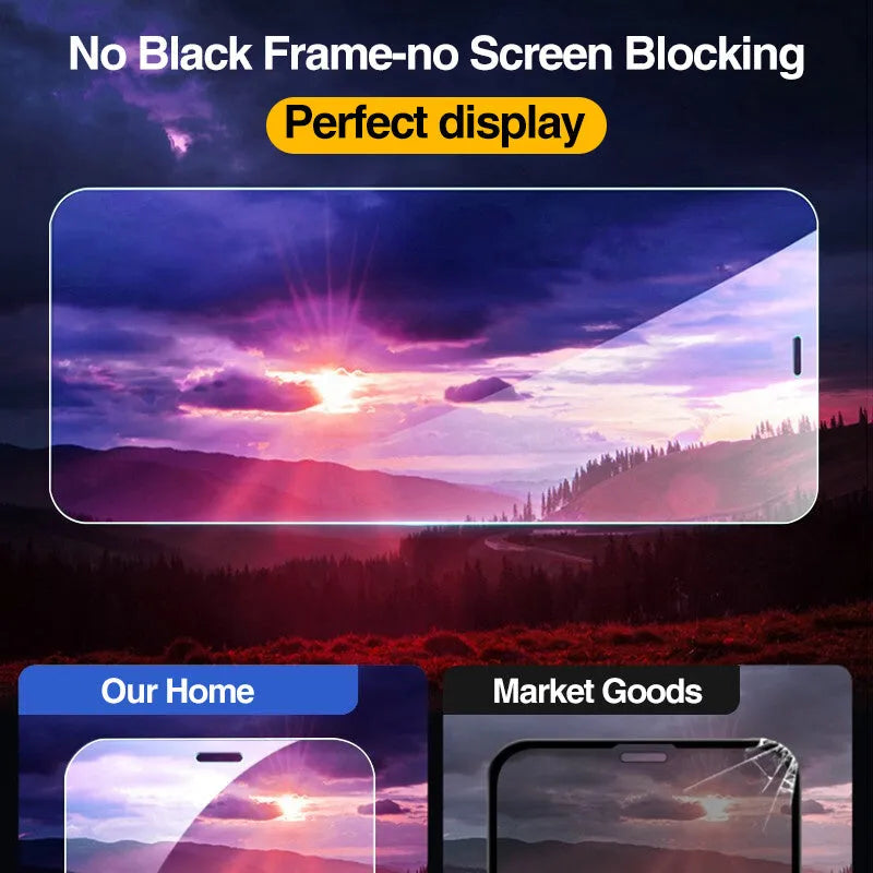 Four-pack of clear tempered glass screen protectors for iPhone with anti-blue light feature on a white background.