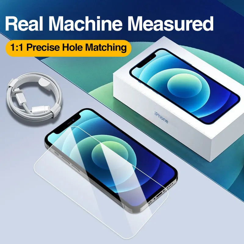 Four-pack of clear tempered glass screen protectors for iPhone with anti-blue light feature on a white background.