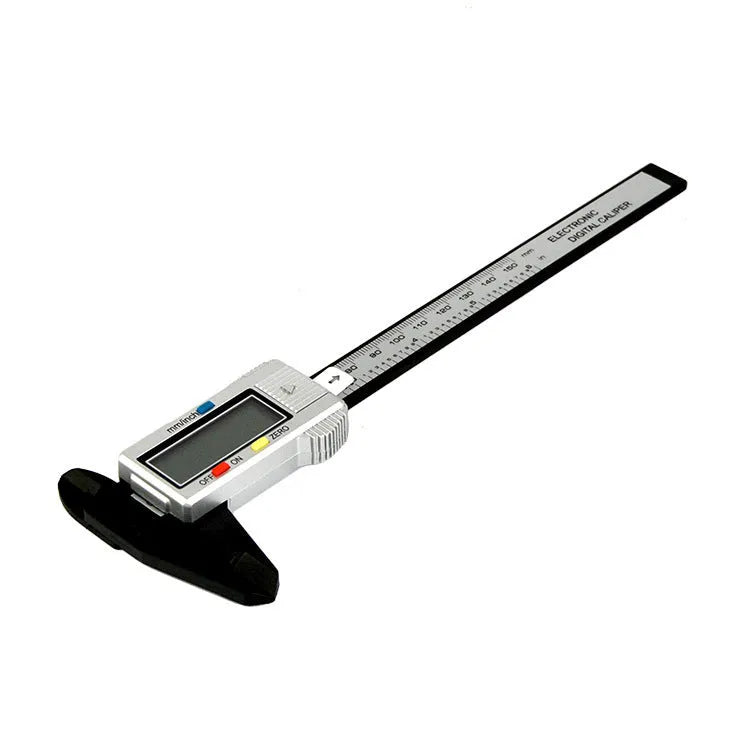 Digital vernier caliper with metal casing, stainless steel guide track, and LCD display showing measurement