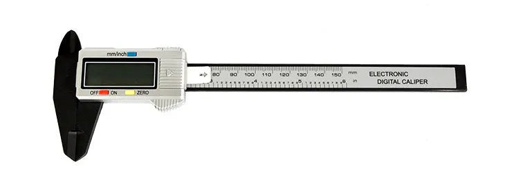 Digital vernier caliper with metal casing, stainless steel guide track, and LCD display showing measurement