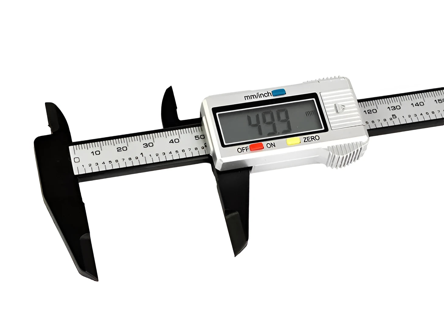 Digital vernier caliper with metal casing, stainless steel guide track, and LCD display showing measurement
