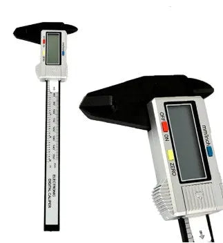 Digital vernier caliper with metal casing, stainless steel guide track, and LCD display showing measurement