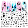 3D hot stamping nail stickers with black and white rose patterns on a hand model