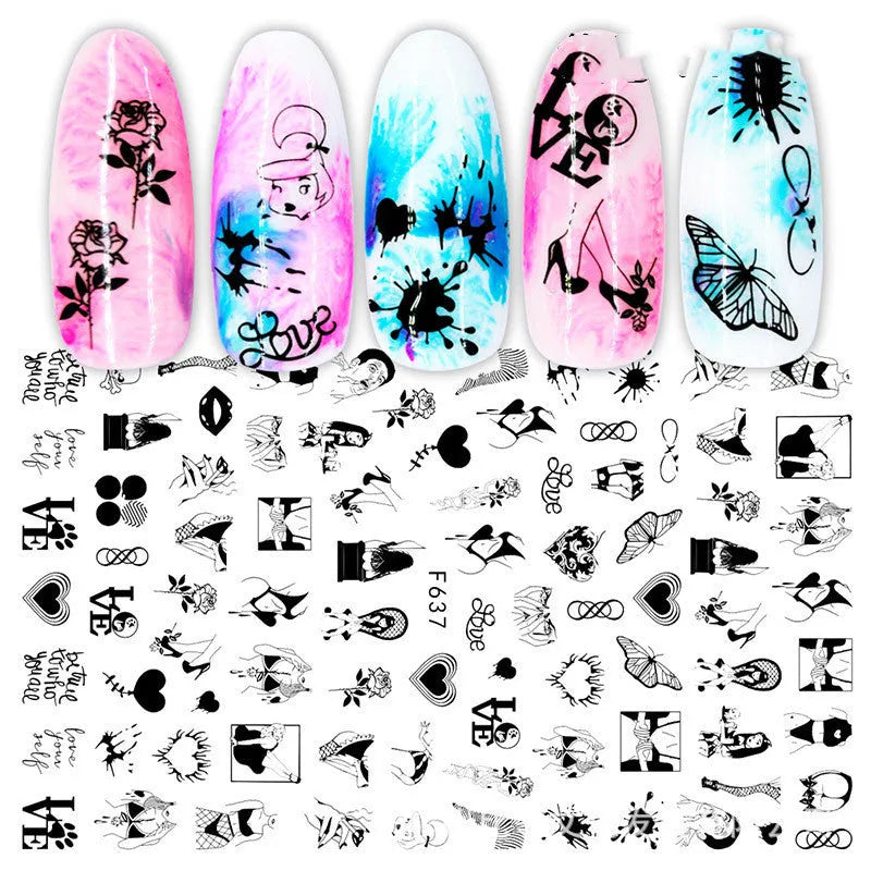 3D hot stamping nail stickers with black and white rose patterns on a hand model