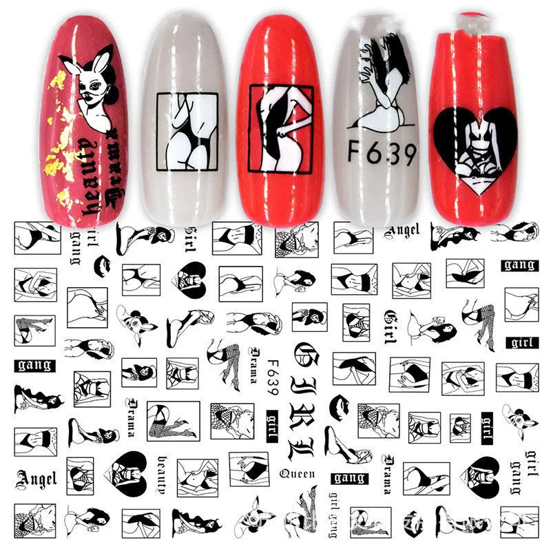 3D hot stamping nail stickers with black and white rose patterns on a hand model