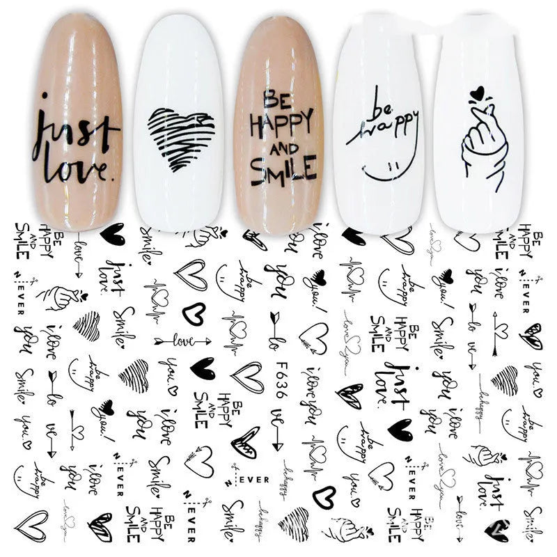 3D hot stamping nail stickers with black and white rose patterns on a hand model