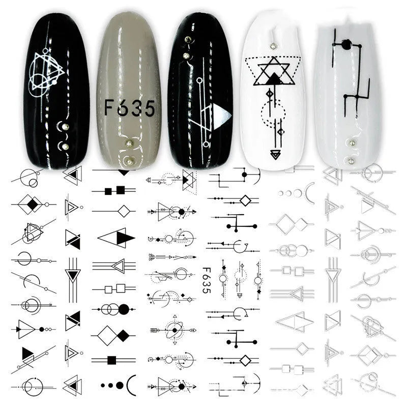 3D hot stamping nail stickers with black and white rose patterns on a hand model