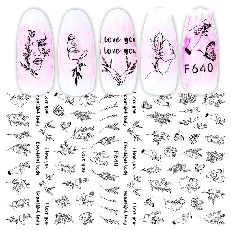 3D hot stamping nail stickers with black and white rose patterns on a hand model