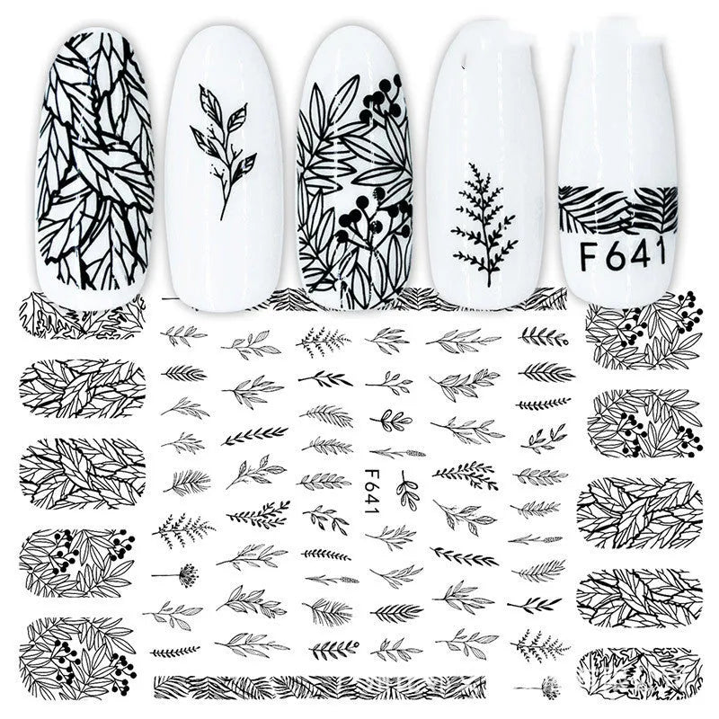 3D hot stamping nail stickers with black and white rose patterns on a hand model