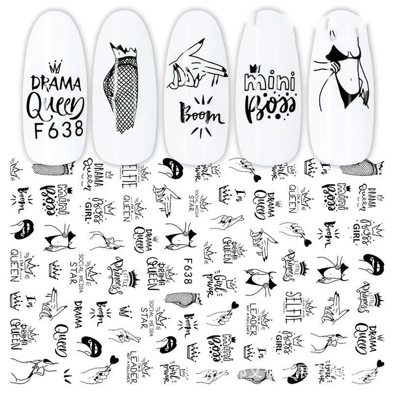 3D hot stamping nail stickers with black and white rose patterns on a hand model