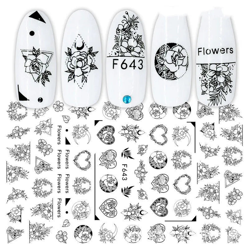 3D hot stamping nail stickers with black and white rose patterns on a hand model