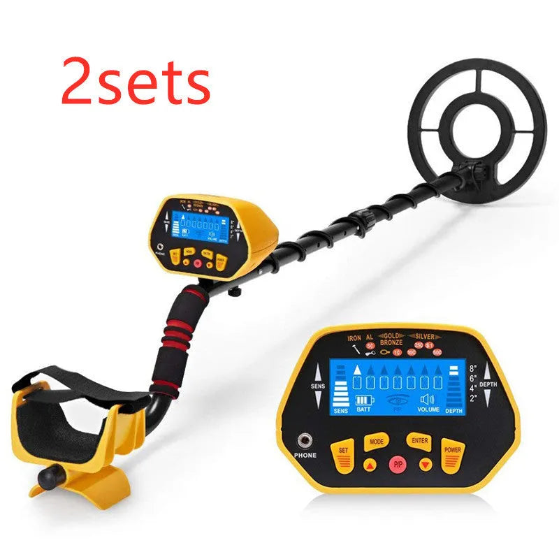 GC1028 black and yellow metal detector with LCD screen and adjustable pole on grass.