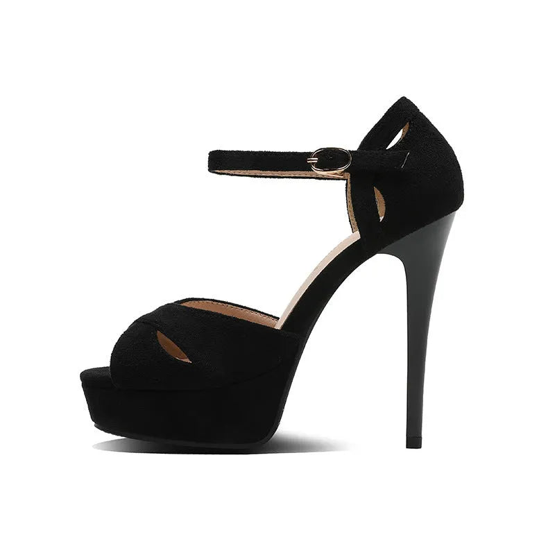 Black Roman style women's platform sandals with stiletto heels and fish mouth toe design