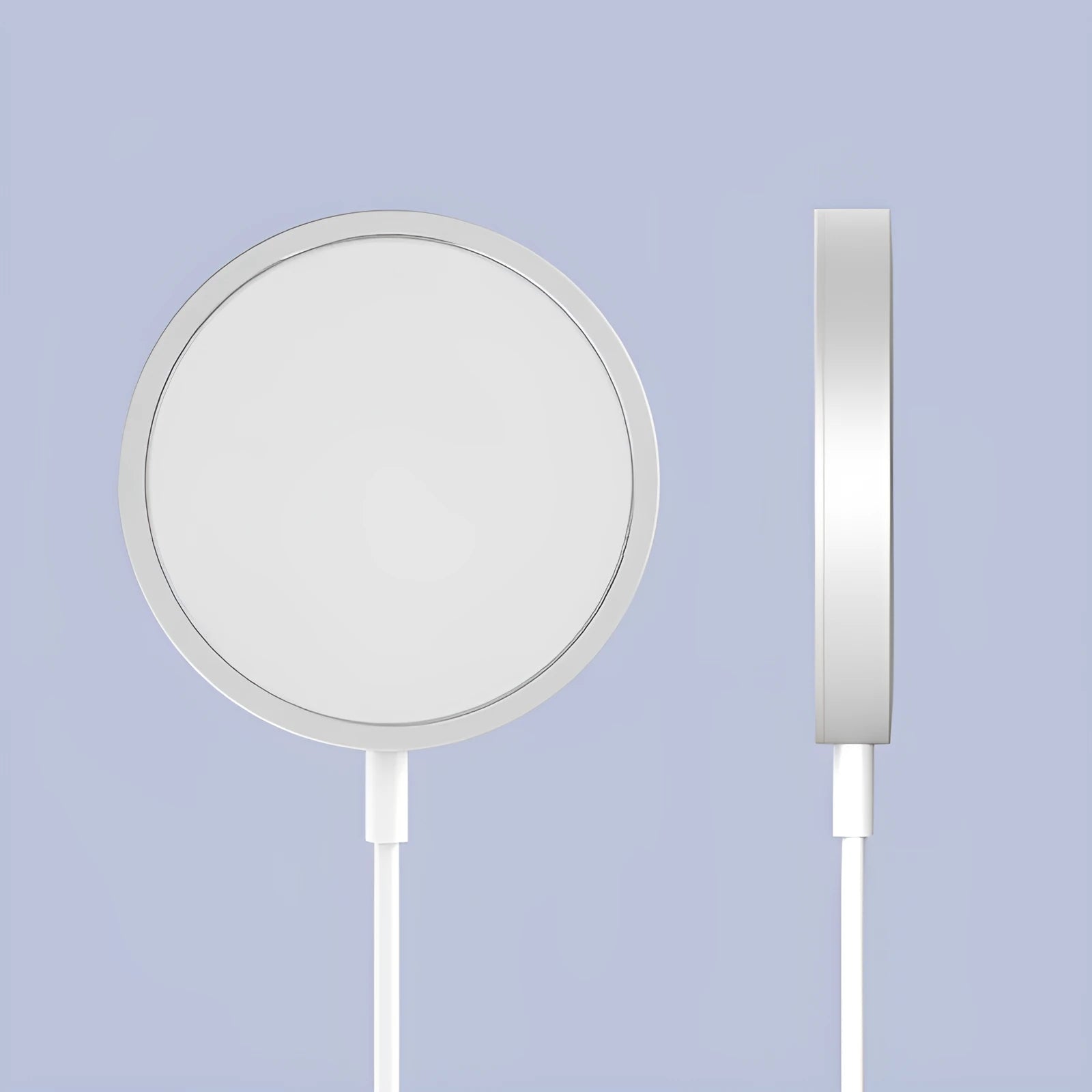Silver metal Magsafe-compatible magnetic wireless charger for iPhone on a wooden desk