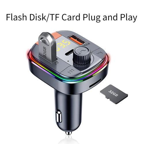 Black car Bluetooth MP3 player with dual USB ports, a control knob, and colourful LED atmosphere light display.
