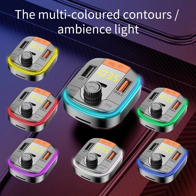 Black car Bluetooth MP3 player with dual USB ports, a control knob, and colourful LED atmosphere light display.