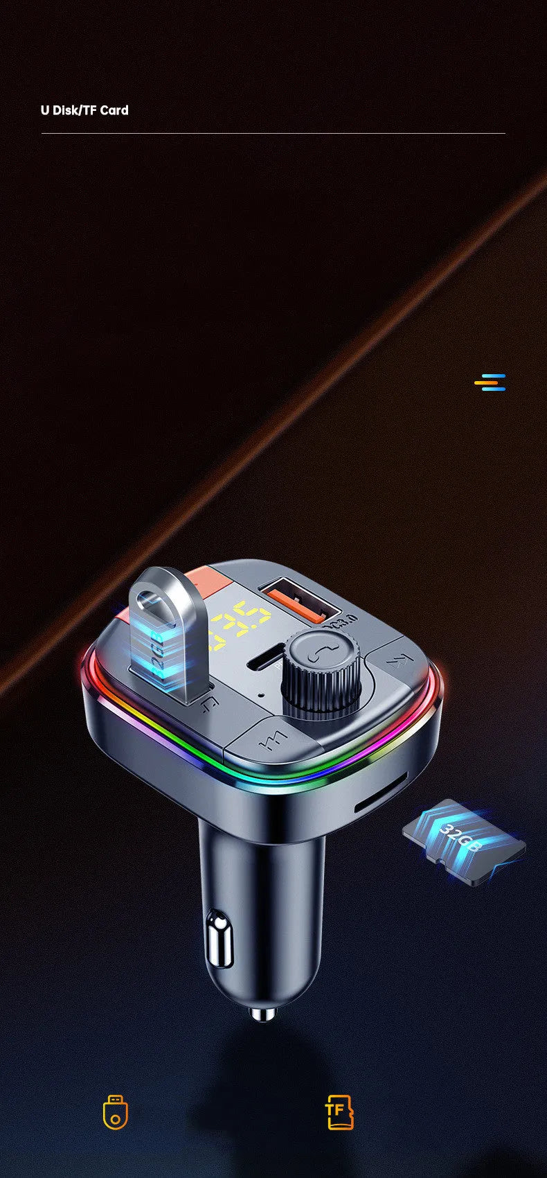 Black car Bluetooth MP3 player with dual USB ports, a control knob, and colourful LED atmosphere light display.
