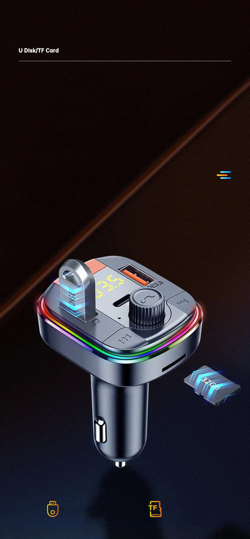 Black car Bluetooth MP3 player with dual USB ports, a control knob, and colourful LED atmosphere light display.