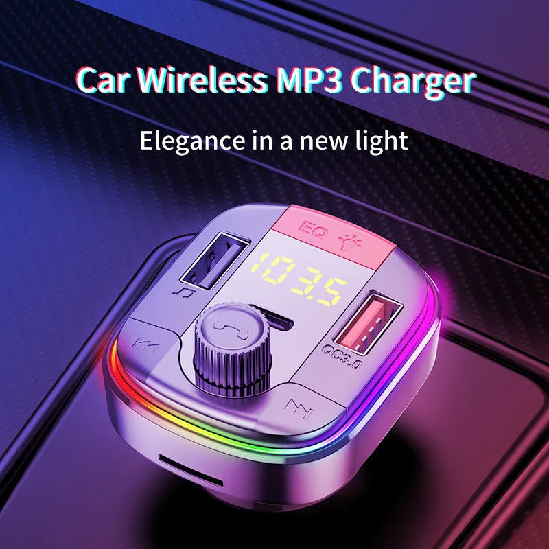 Black car Bluetooth MP3 player with dual USB ports, a control knob, and colourful LED atmosphere light display.