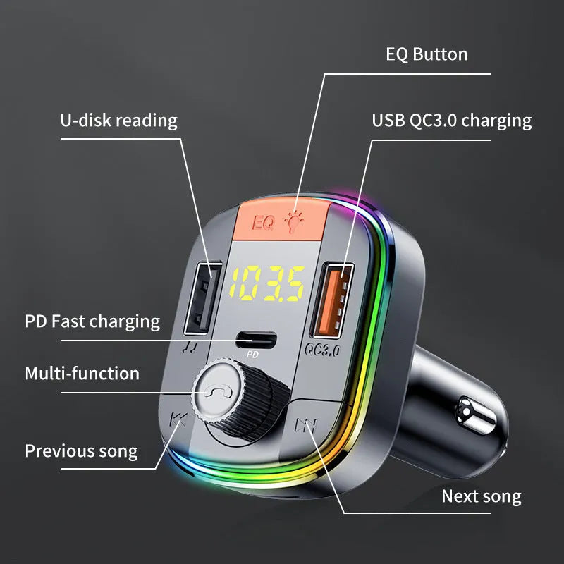 Black car Bluetooth MP3 player with dual USB ports, a control knob, and colourful LED atmosphere light display.