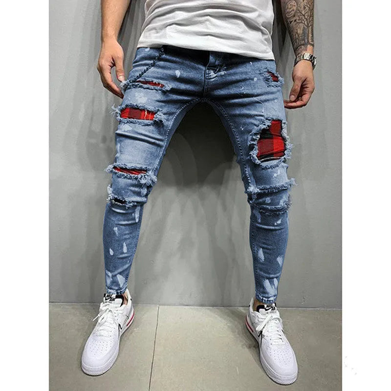 Men's ripped patch stretch denim jeans, hand-painted gray colour, slim-fit pencil style