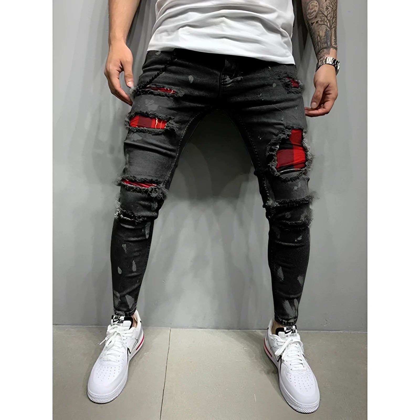 Men's ripped patch stretch denim jeans, hand-painted gray colour, slim-fit pencil style