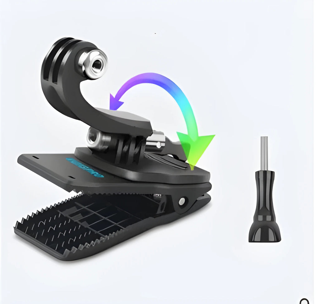 Gopro backpack clip with 360-degree rotating head, made from black ABS plastic and aluminium alloy, shown attached to a strap.