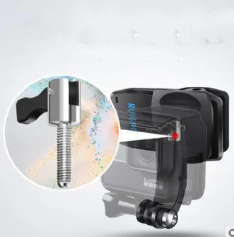 Gopro backpack clip with 360-degree rotating head, made from black ABS plastic and aluminium alloy, shown attached to a strap.