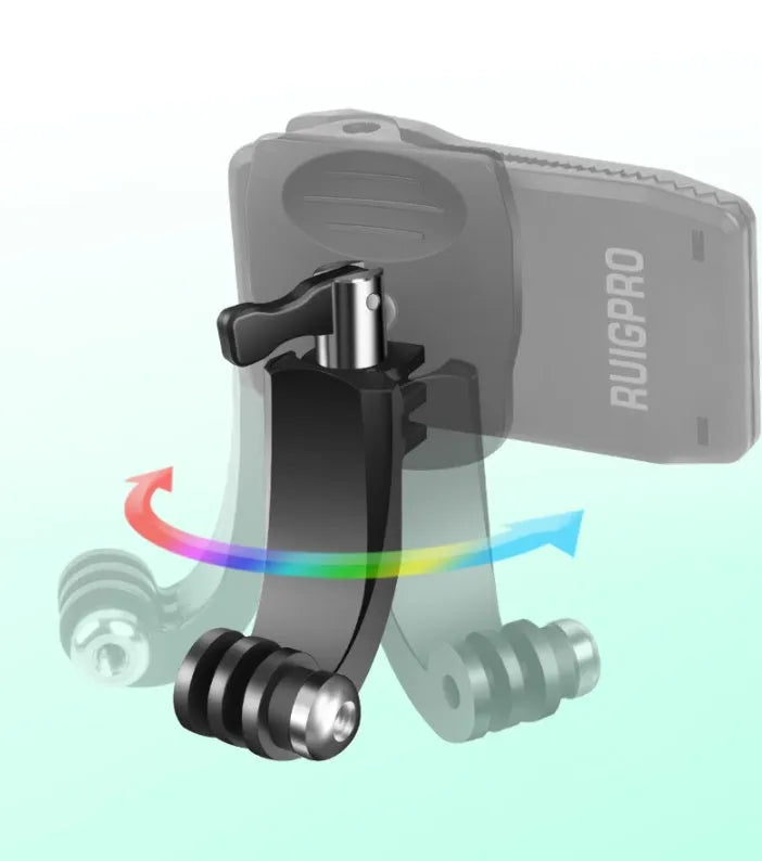 Gopro backpack clip with 360-degree rotating head, made from black ABS plastic and aluminium alloy, shown attached to a strap.