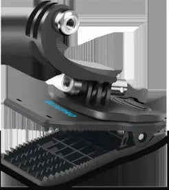 Gopro backpack clip with 360-degree rotating head, made from black ABS plastic and aluminium alloy, shown attached to a strap.
