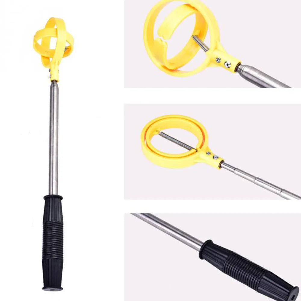 Retractable stainless steel golf ball picker with 8 sections extended to 2 metres, yellow handle