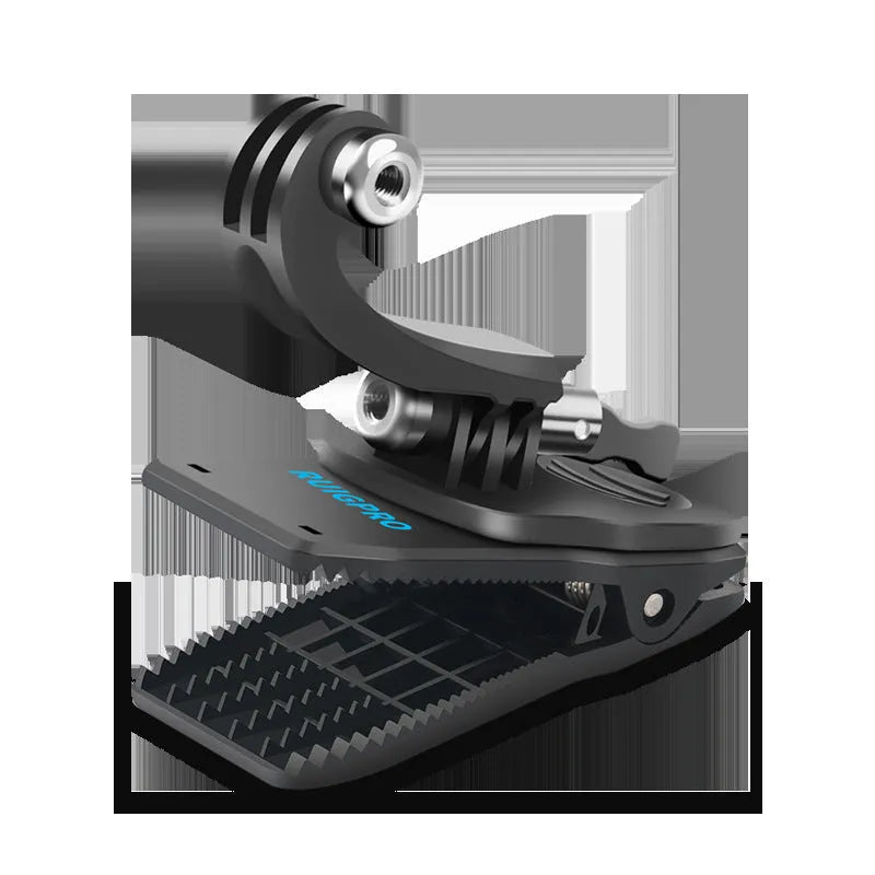 Gopro backpack clip with 360-degree rotating head, made from black ABS plastic and aluminium alloy, shown attached to a strap.