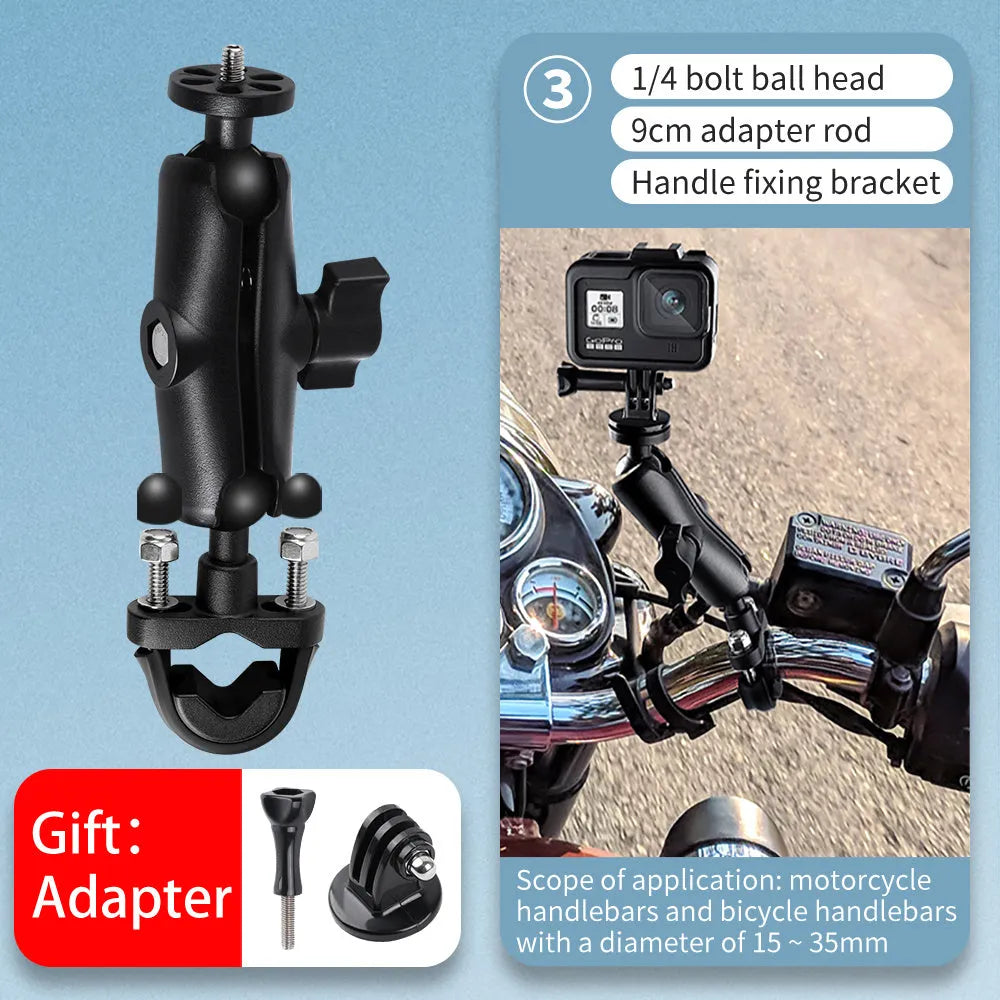 Motorcycle bracket mount for GoPro Insta360 action camera with 360 panoramic support in multiple colours