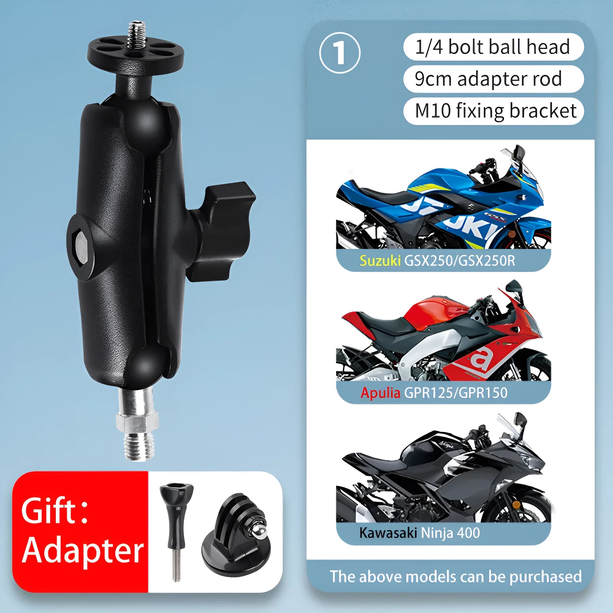 Motorcycle bracket mount for GoPro Insta360 action camera with 360 panoramic support in multiple colours