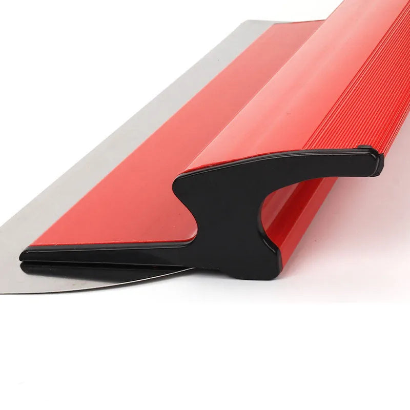 Red-handled leveling scraper tool with a 40 cm steel blade for scraping putty and pasting wallpaper.