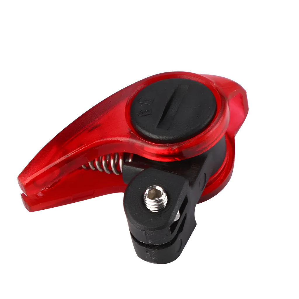 Mini bicycle brake warning light with red LED, black ABS housing, and stainless steel spring for V-brakes