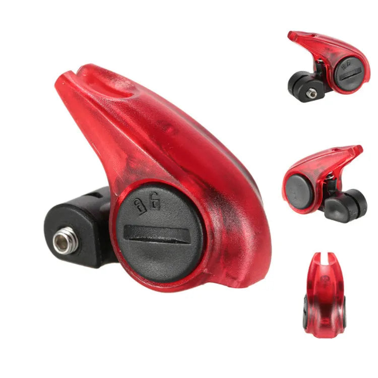Mini bicycle brake warning light with red LED, black ABS housing, and stainless steel spring for V-brakes