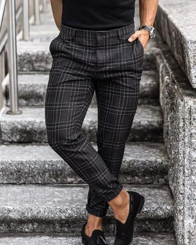 Men's loose thin casual trousers in khaki grid pattern, chemical fibre blend, mid-waist button placket
